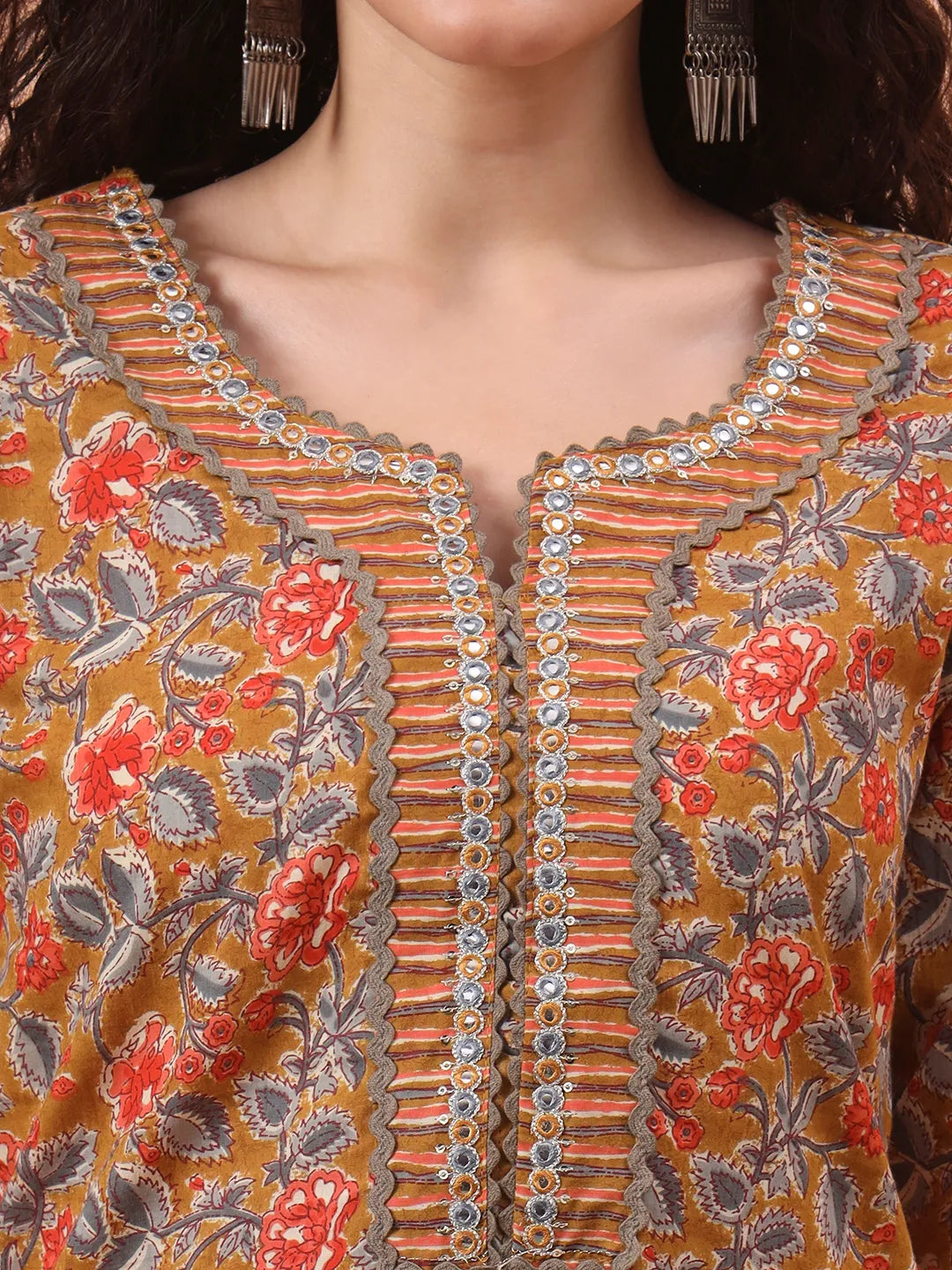 Mustard Pure Cotton Mirror Work Kurta Dupatta Pant Set