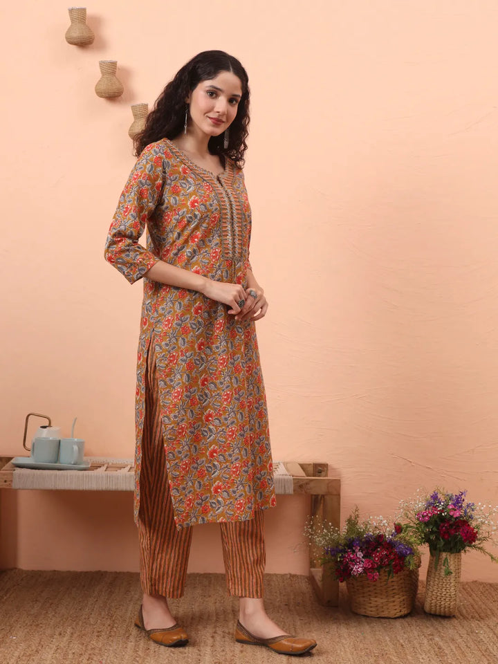 Mustard Pure Cotton Mirror Work Kurta Dupatta Pant Set