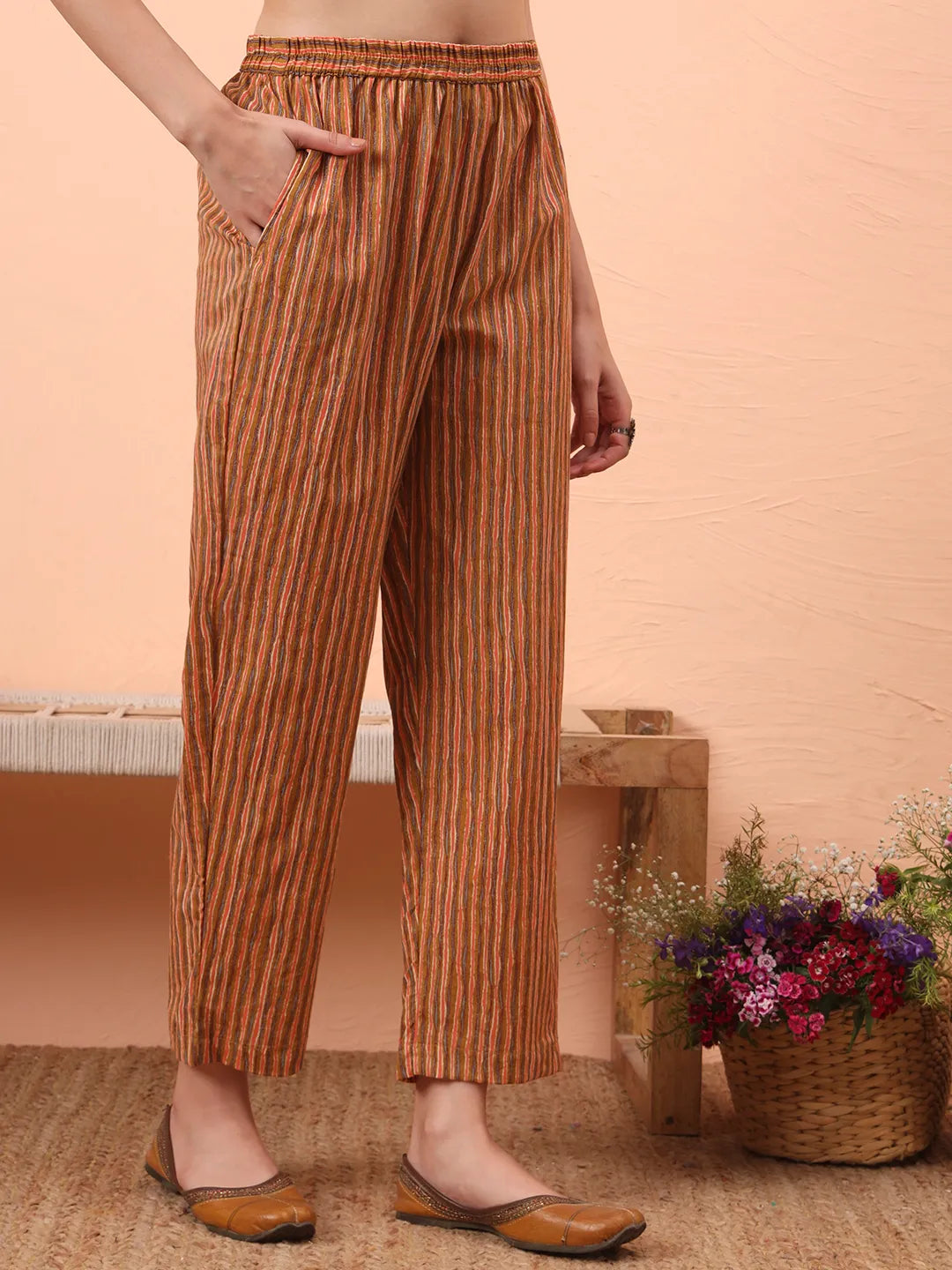 Mustard Pure Cotton Mirror Work Kurta Dupatta Pant Set