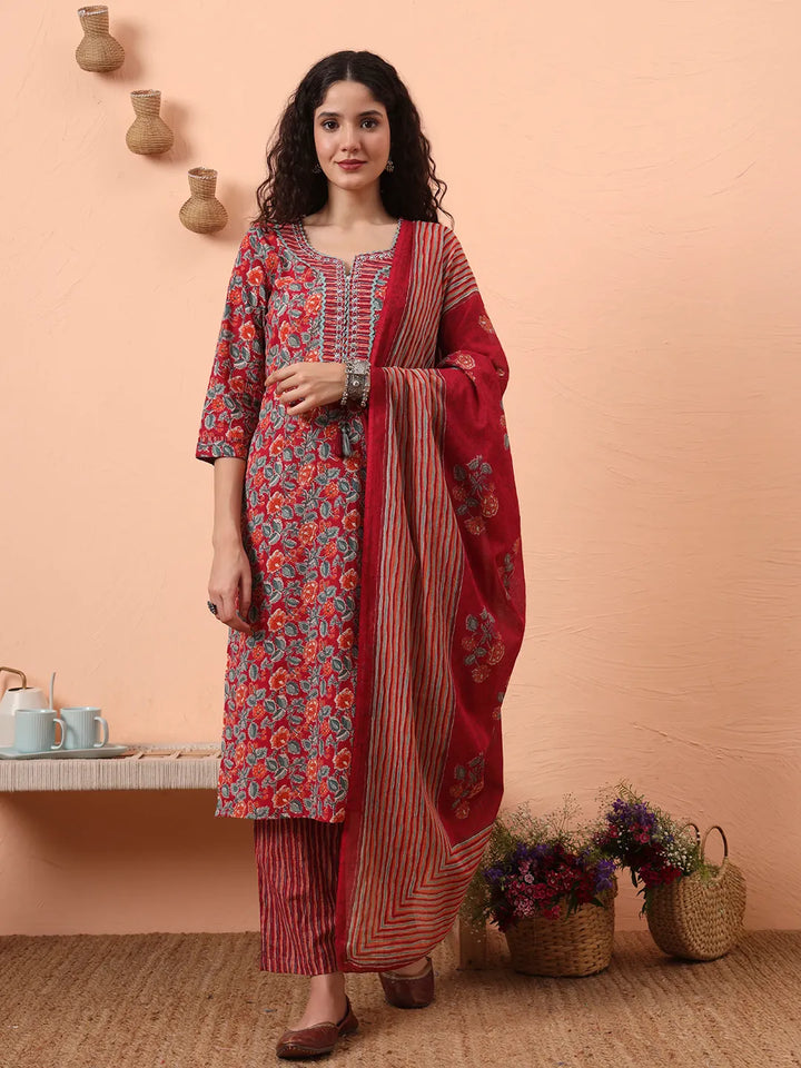 Red Pure Cotton Mirror Work Kurta Dupatta Pant Set