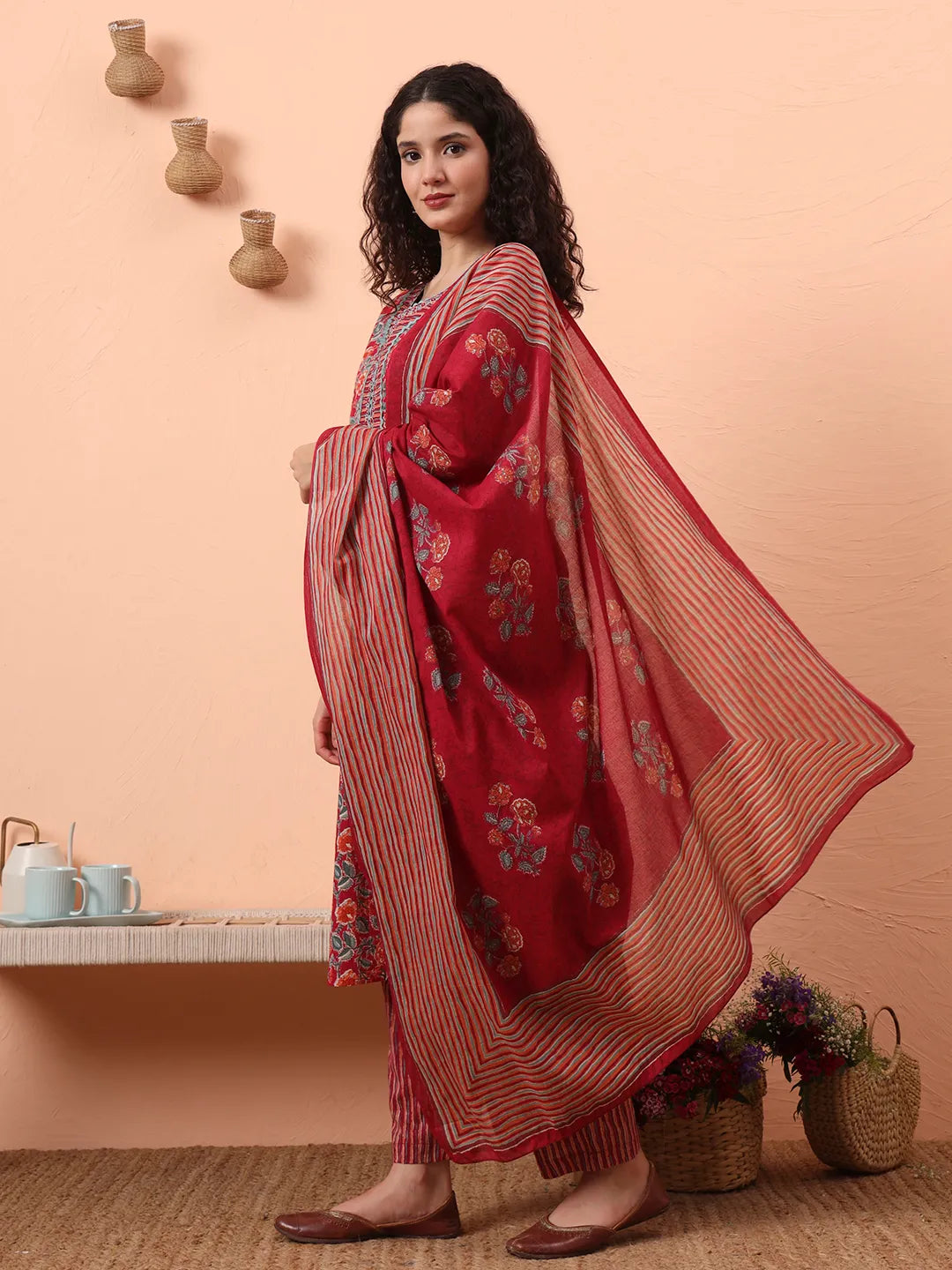 Red Pure Cotton Mirror Work Kurta Dupatta Pant Set