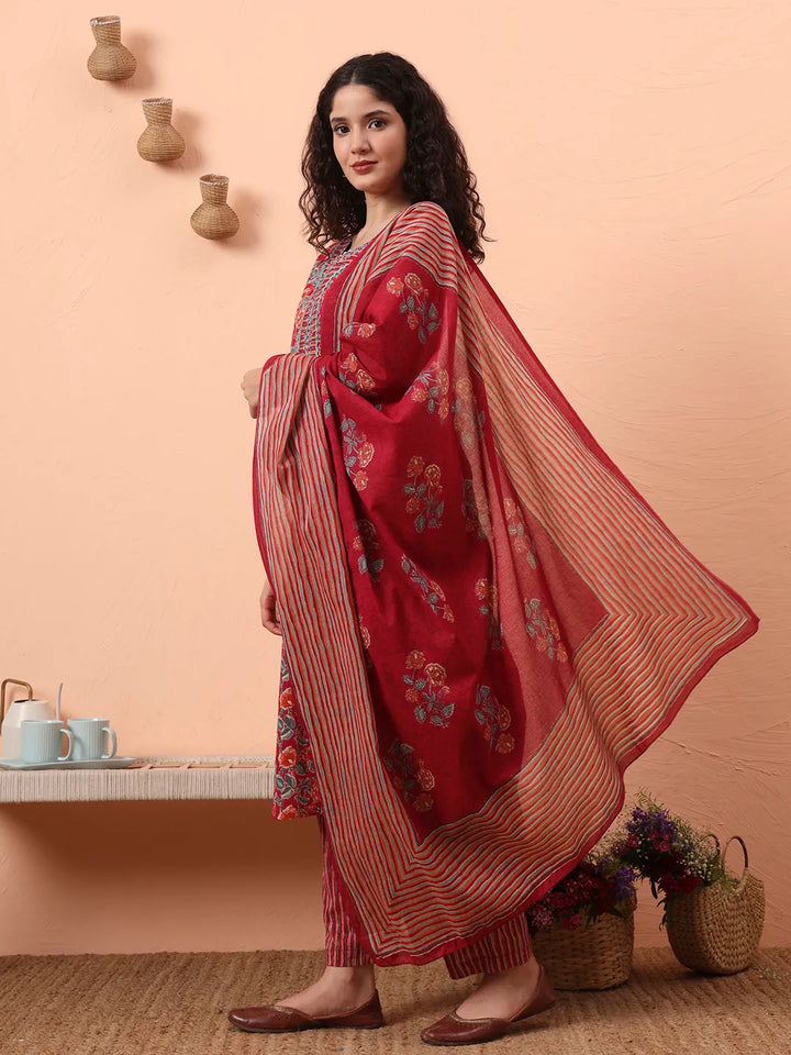 Red Pure Cotton Mirror Work Kurta Dupatta Pant Set