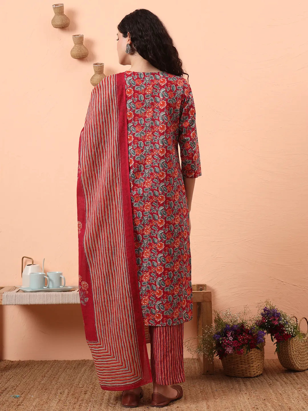 Red Pure Cotton Mirror Work Kurta Dupatta Pant Set