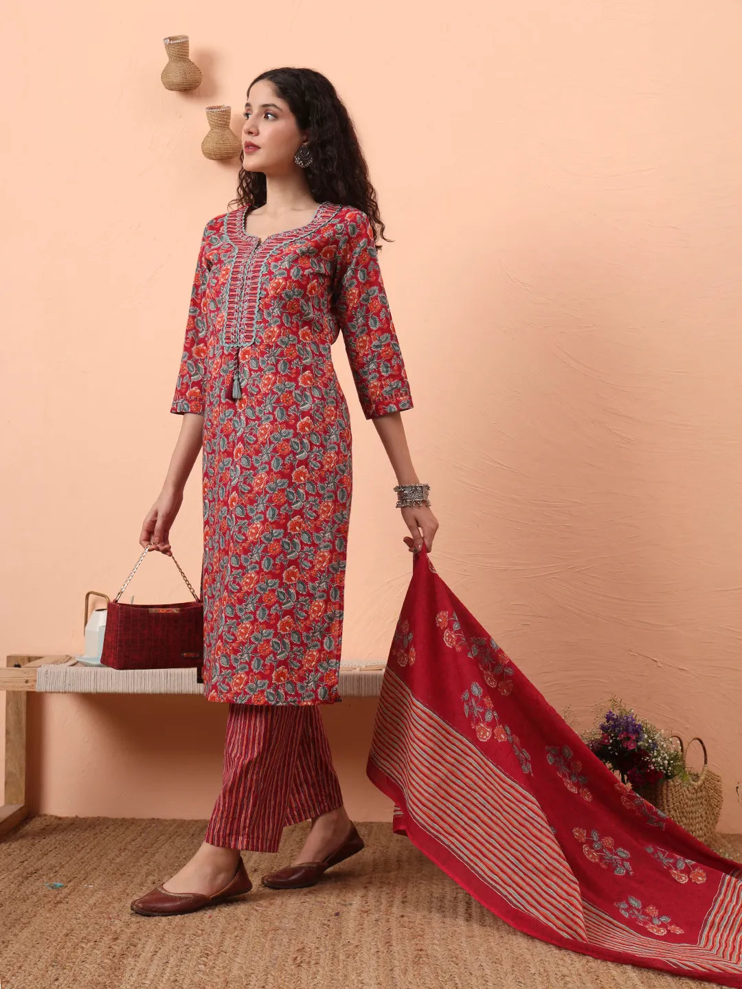 Red Pure Cotton Mirror Work Kurta Dupatta Pant Set