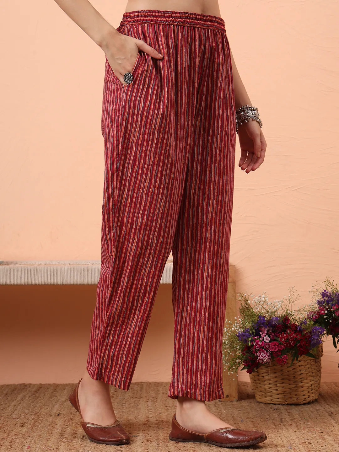 Red Pure Cotton Mirror Work Kurta Dupatta Pant Set