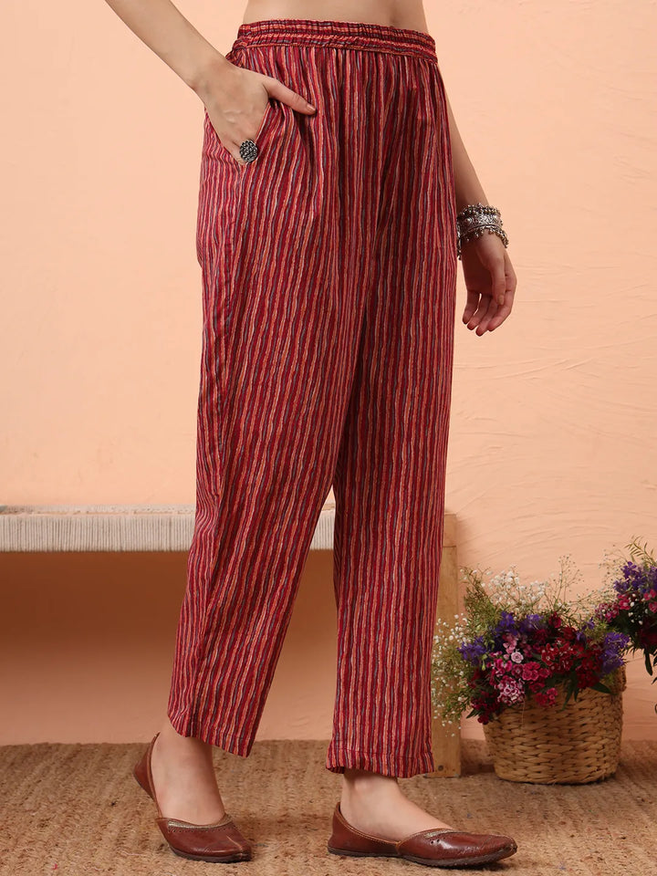 Red Pure Cotton Mirror Work Kurta Dupatta Pant Set