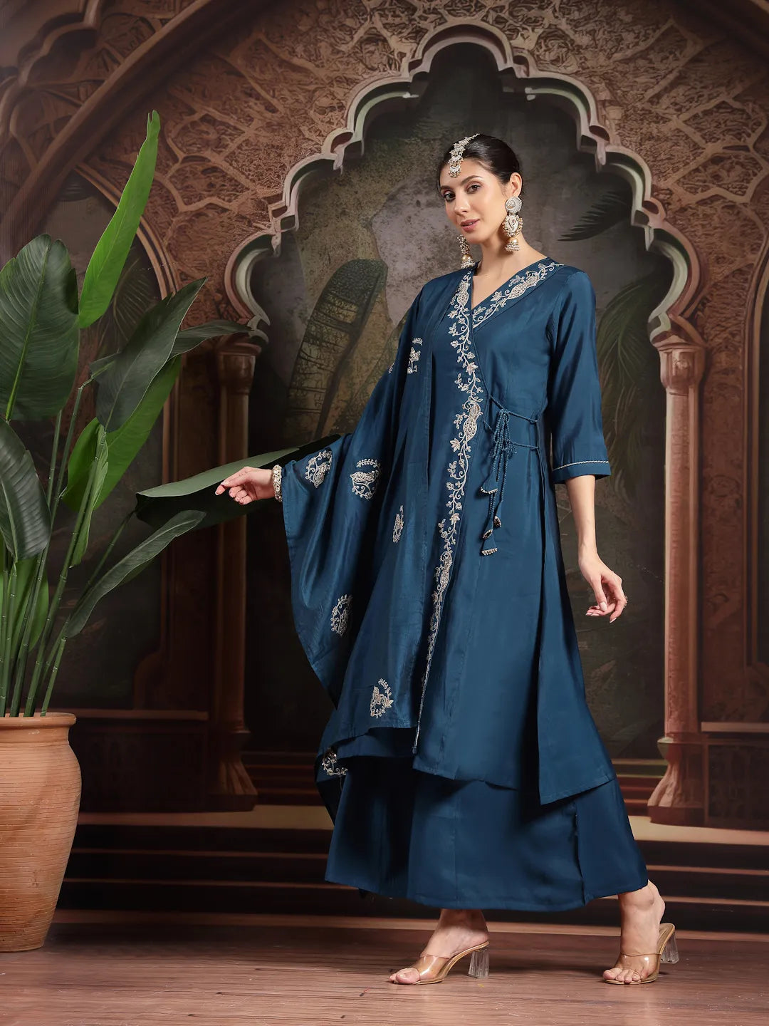 Teal Blue Silk Blend Dori Embroidery Angrakha Kurta Set With Divider Palazzo