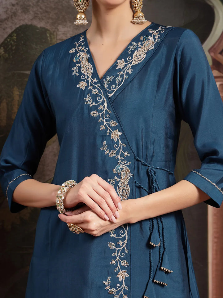 Teal Blue Silk Blend Dori Embroidery Angrakha Kurta Set With Divider Palazzo