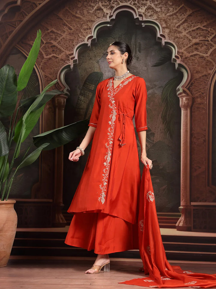 Orange Silk Blend Dori Embroidery Angrakha Kurta Set With Divider Palazzo