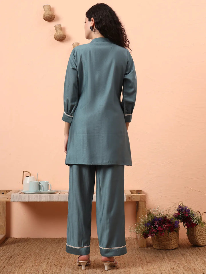 Blue Silk Blend Thread Work Co-Ord Set