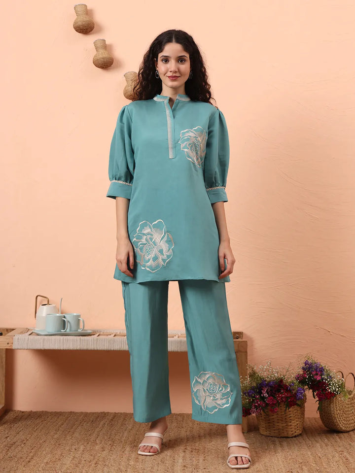 Blue Silk Blend Mandarin Collar Thread Work Co-Ord Set
