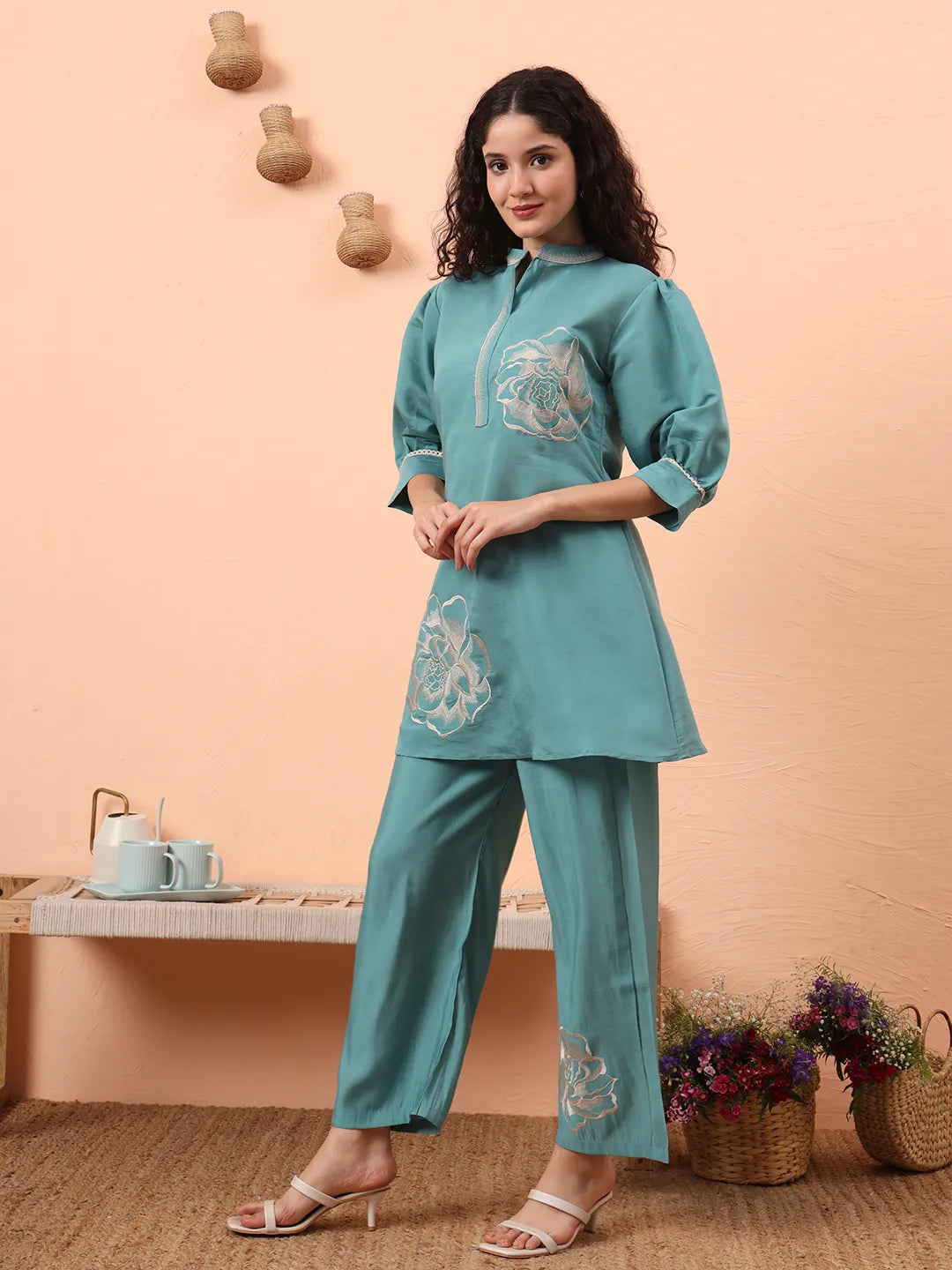 Blue Silk Blend Mandarin Collar Thread Work Co-Ord Set