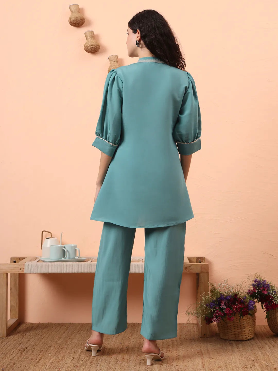 Blue Silk Blend Mandarin Collar Thread Work Co-Ord Set