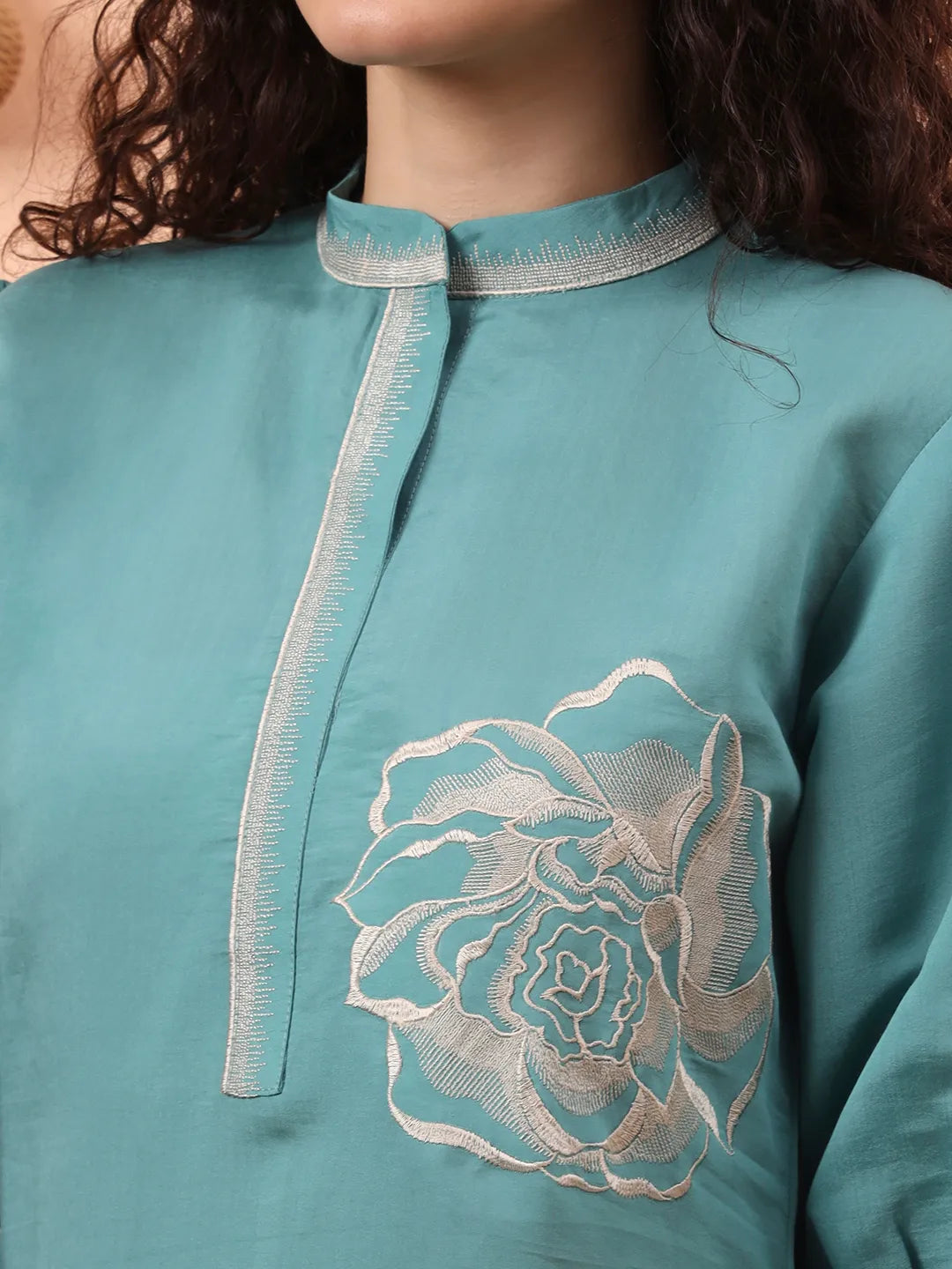 Blue Silk Blend Mandarin Collar Thread Work Co-Ord Set