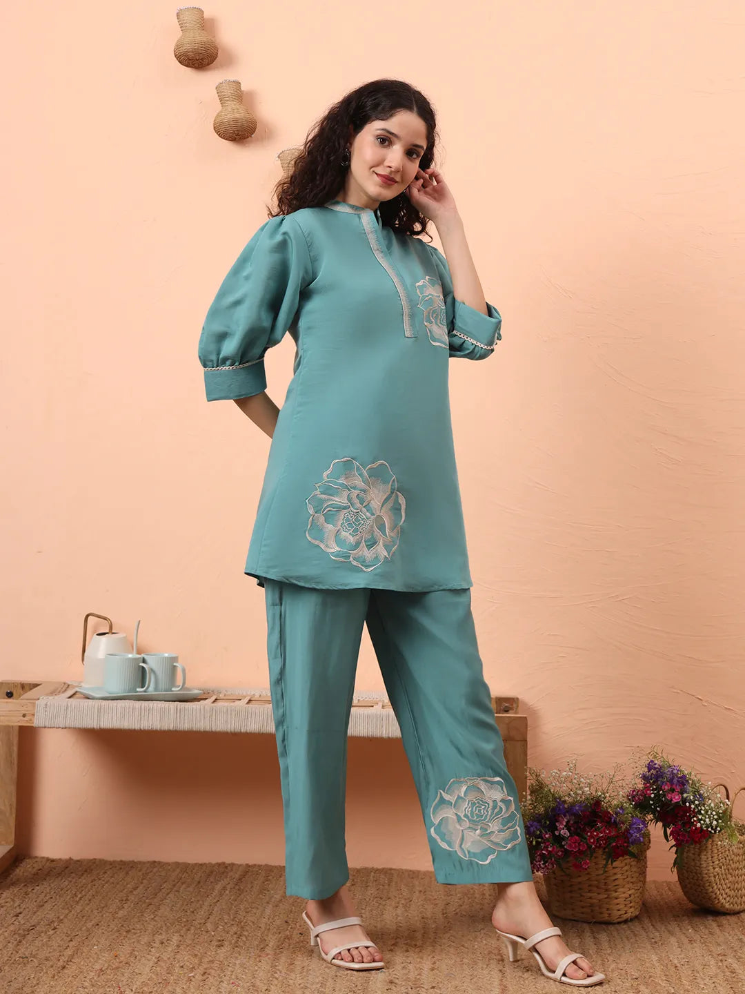 Blue Silk Blend Mandarin Collar Thread Work Co-Ord Set
