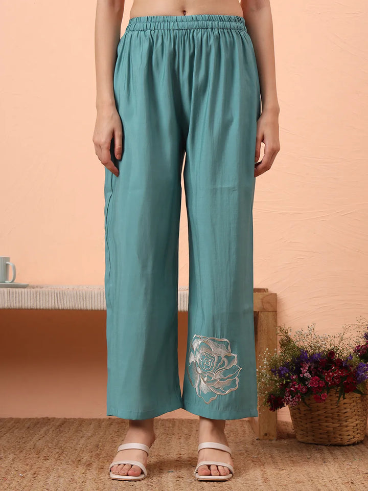 Blue Silk Blend Mandarin Collar Thread Work Co-Ord Set