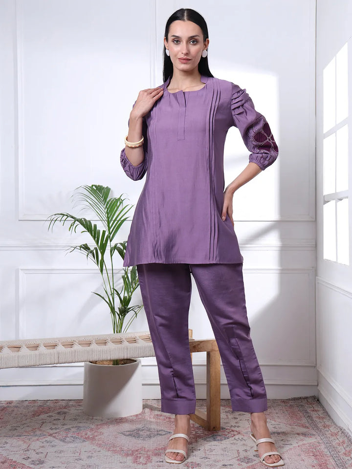 Purple Thread Work Pure Silk Blend Tunic And Trouser Co-Ord Set