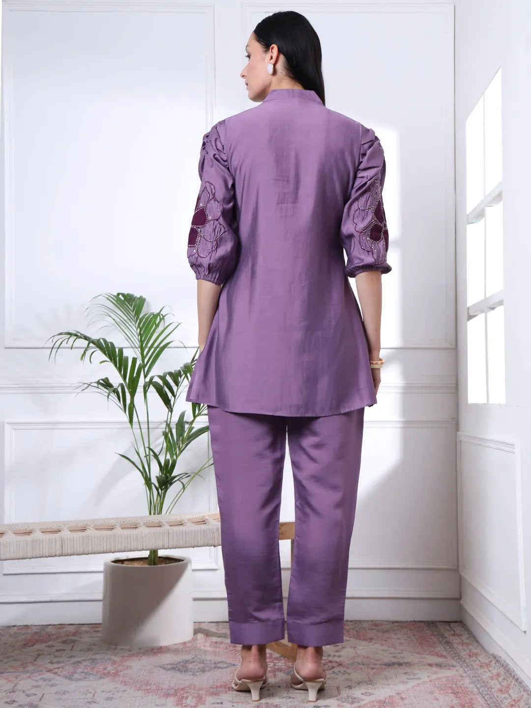 Purple Thread Work Pure Silk Blend Tunic And Trouser Co-Ord Set