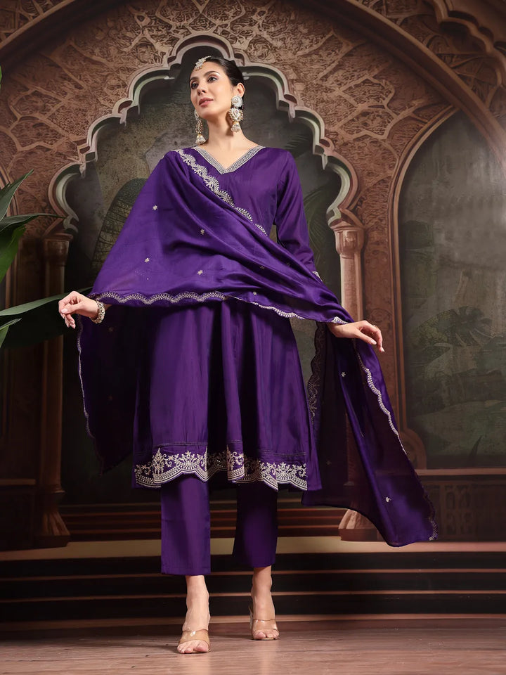 Purple Embroidered A-Line Kurta Trouser Dupatta Set