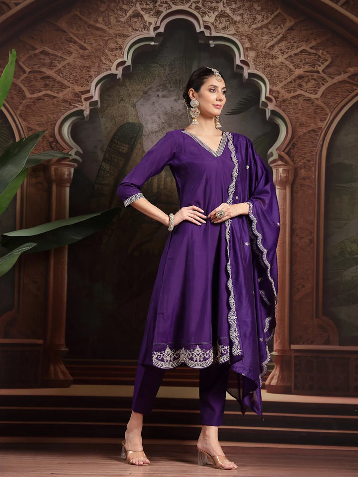 Purple Embroidered A-Line Kurta Trouser Dupatta Set