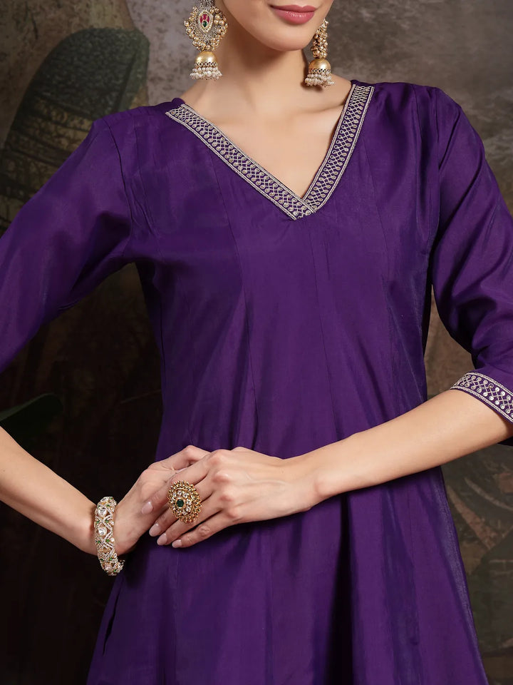 Purple Embroidered A-Line Kurta Trouser Dupatta Set
