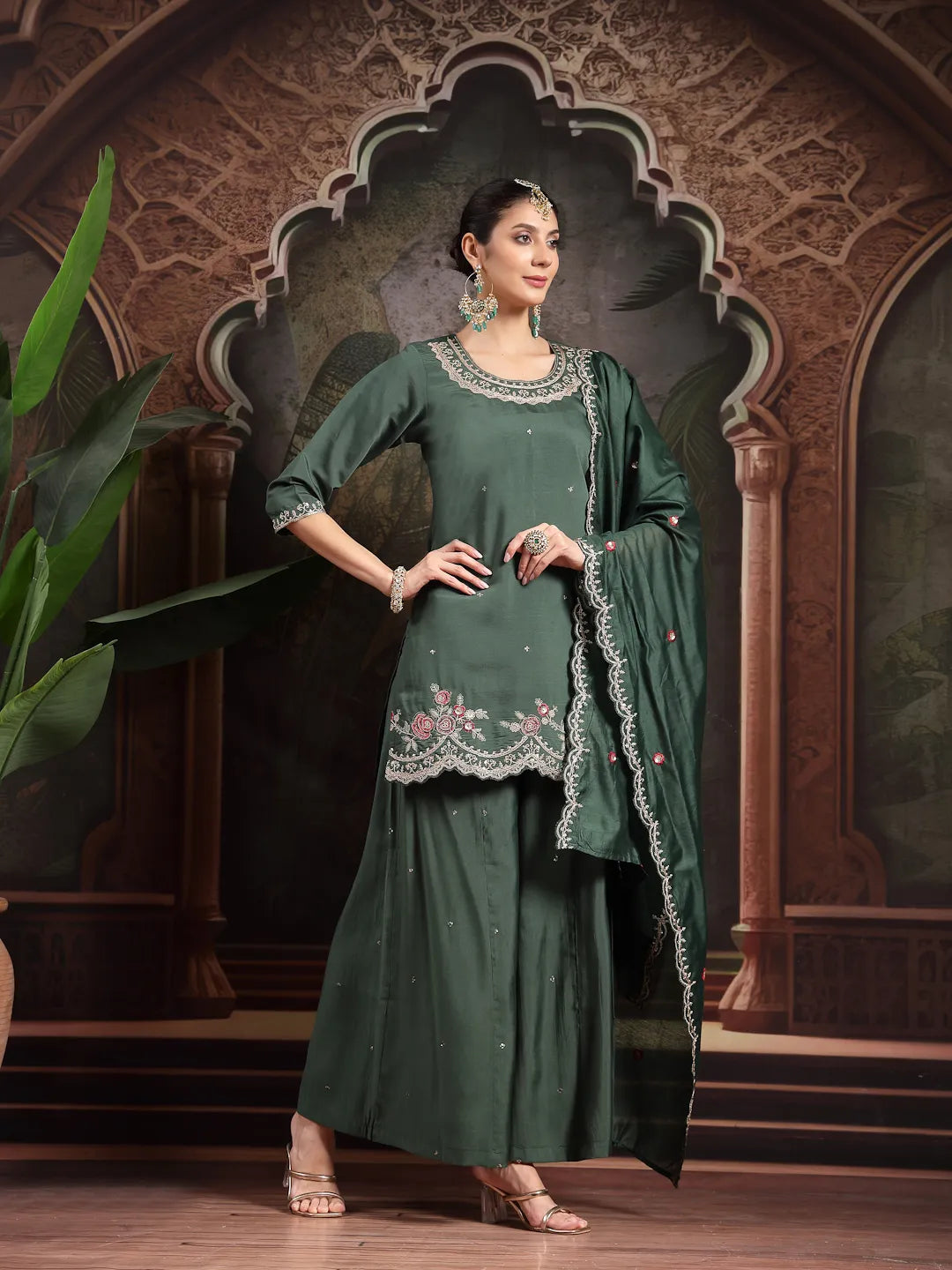 Green Silk Blend Embroidered Straight Kurta Dupatta Palazzo Set