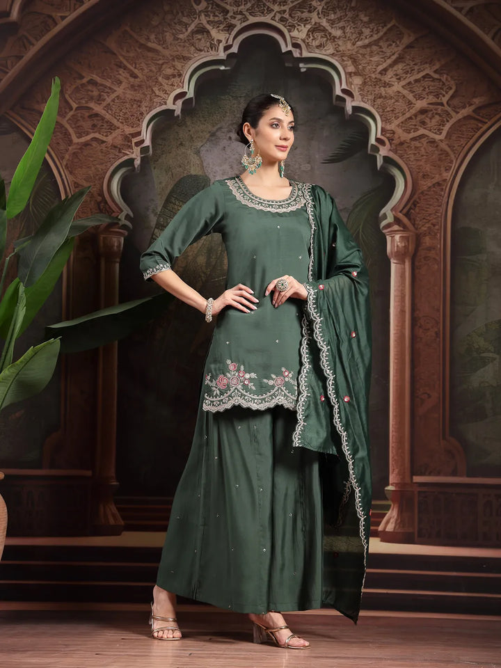 Green Silk Blend Embroidered Straight Kurta Dupatta Palazzo Set