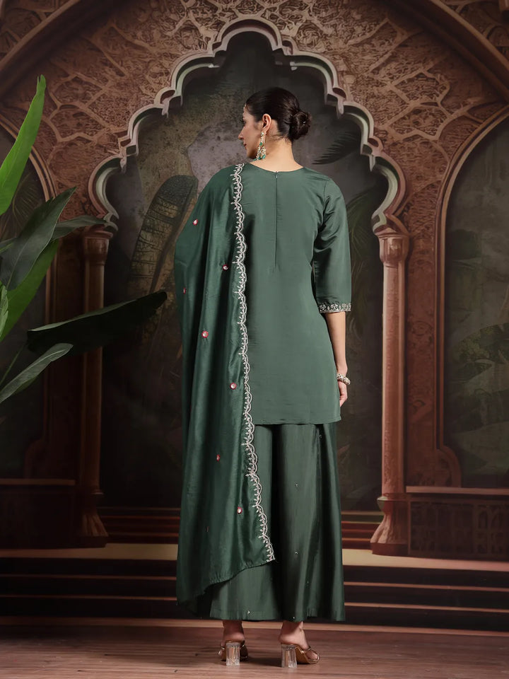 Green Silk Blend Embroidered Straight Kurta Dupatta Palazzo Set