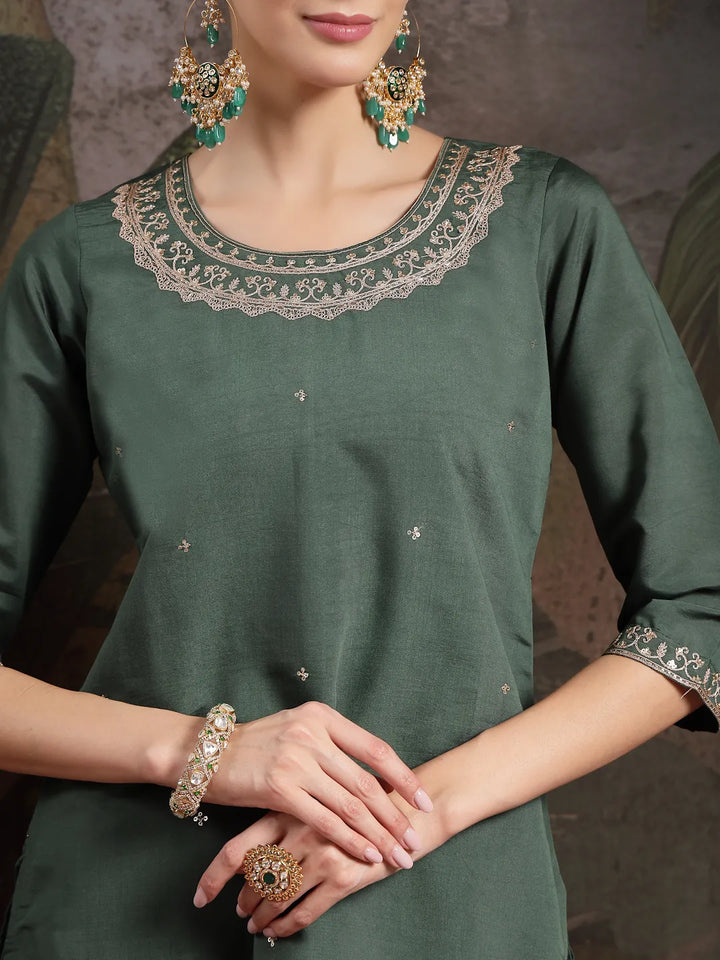 Green Silk Blend Embroidered Straight Kurta Dupatta Palazzo Set