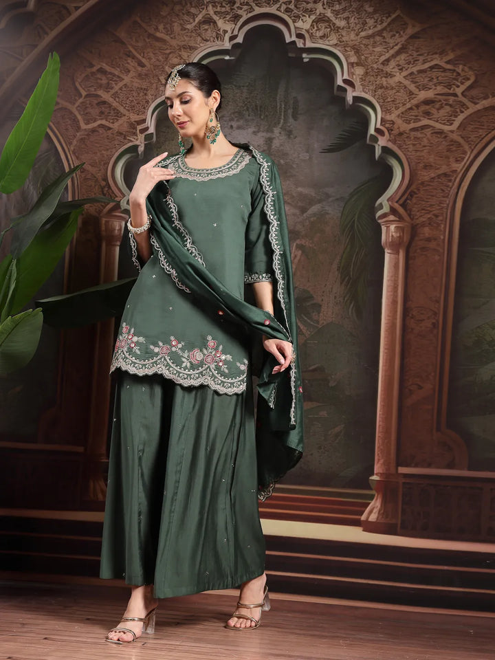 Green Silk Blend Embroidered Straight Kurta Dupatta Palazzo Set