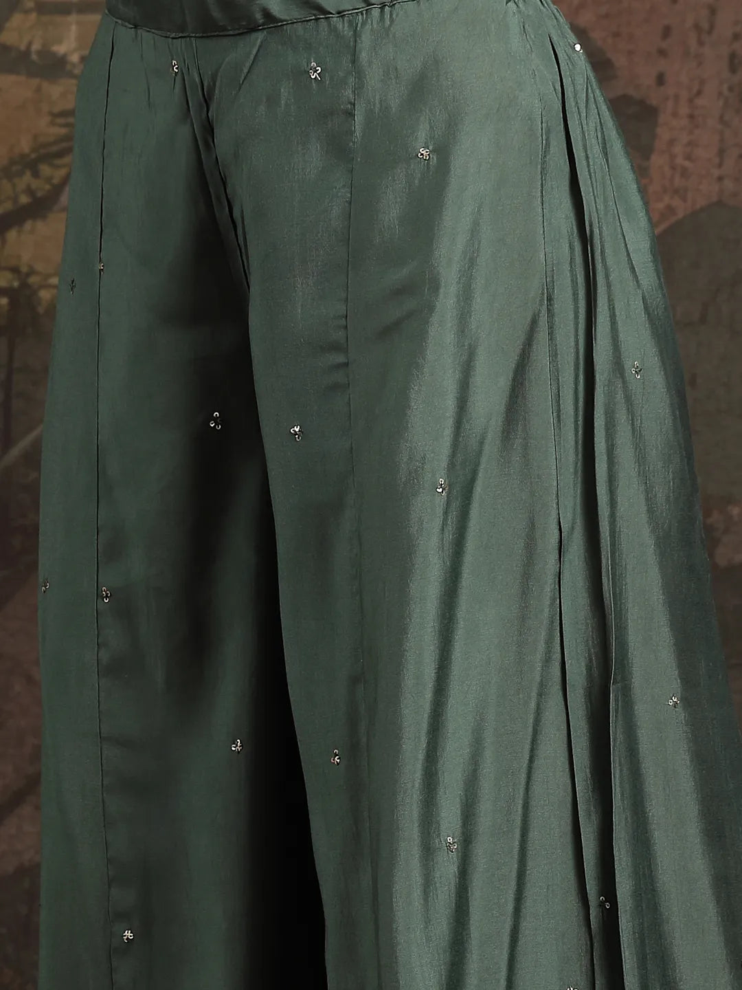 Green Silk Blend Embroidered Straight Kurta Dupatta Palazzo Set