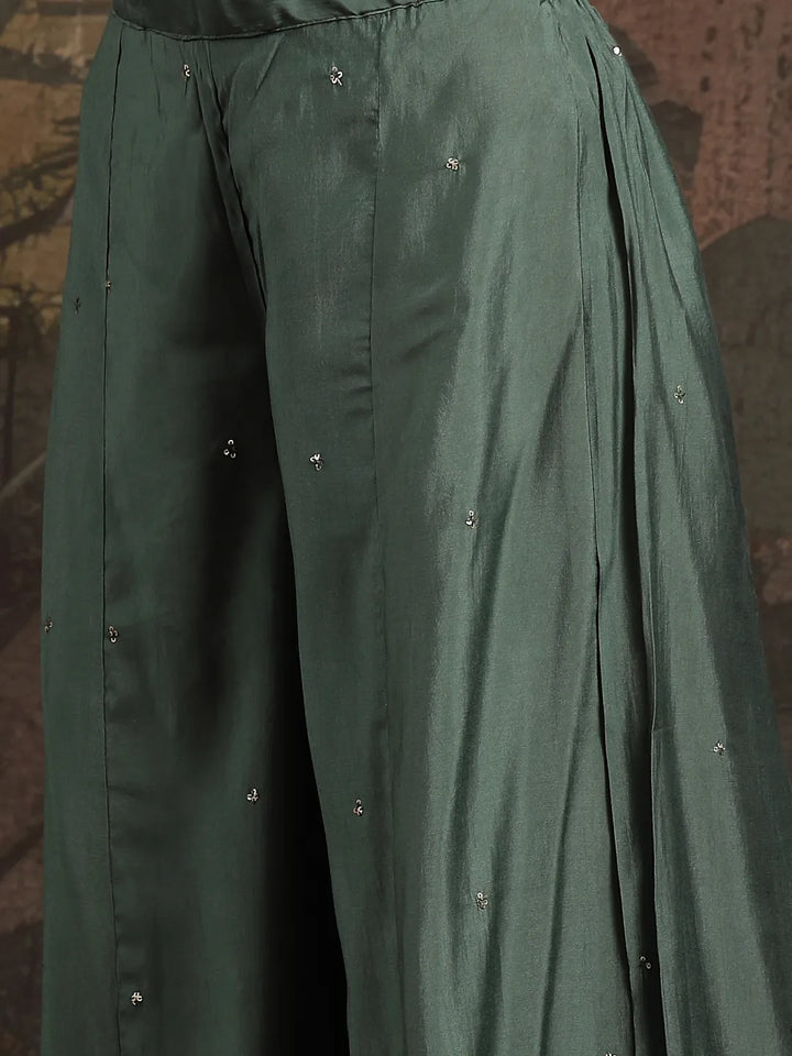 Green Silk Blend Embroidered Straight Kurta Dupatta Palazzo Set