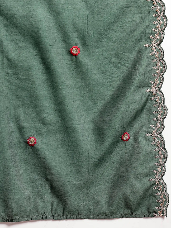 Green Silk Blend Embroidered Straight Kurta Dupatta Palazzo Set