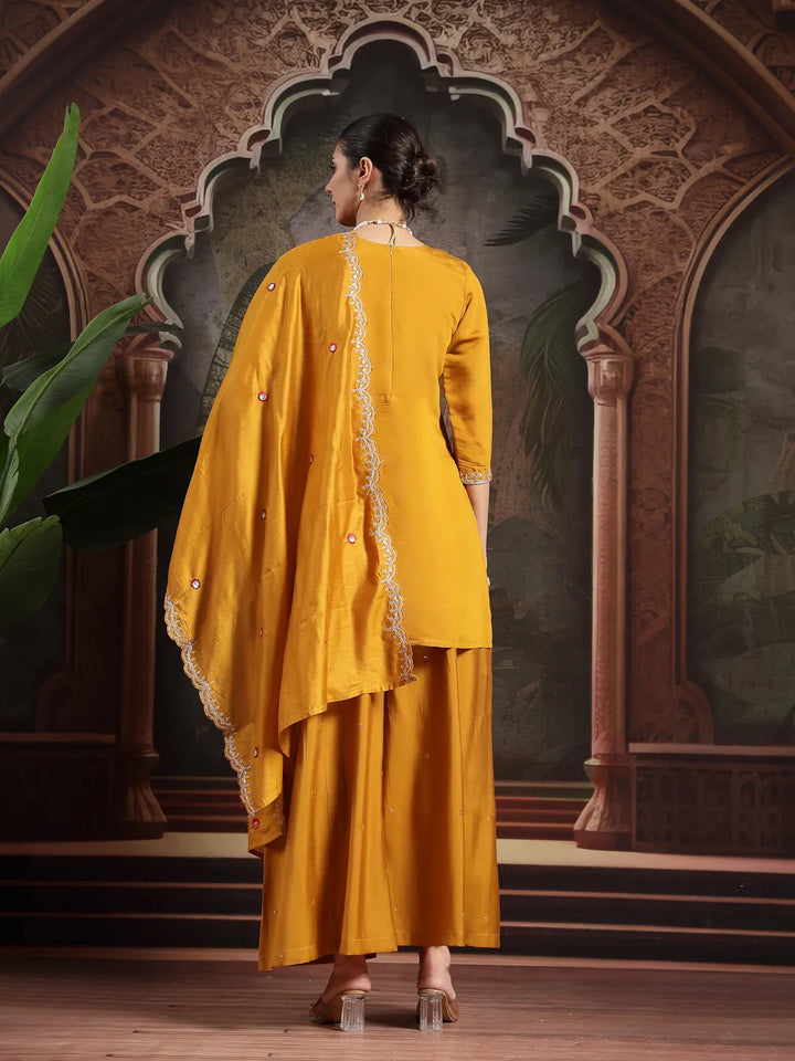 Yellow Silk Blend Embroidered Straight Kurta Dupatta Palazzo Set