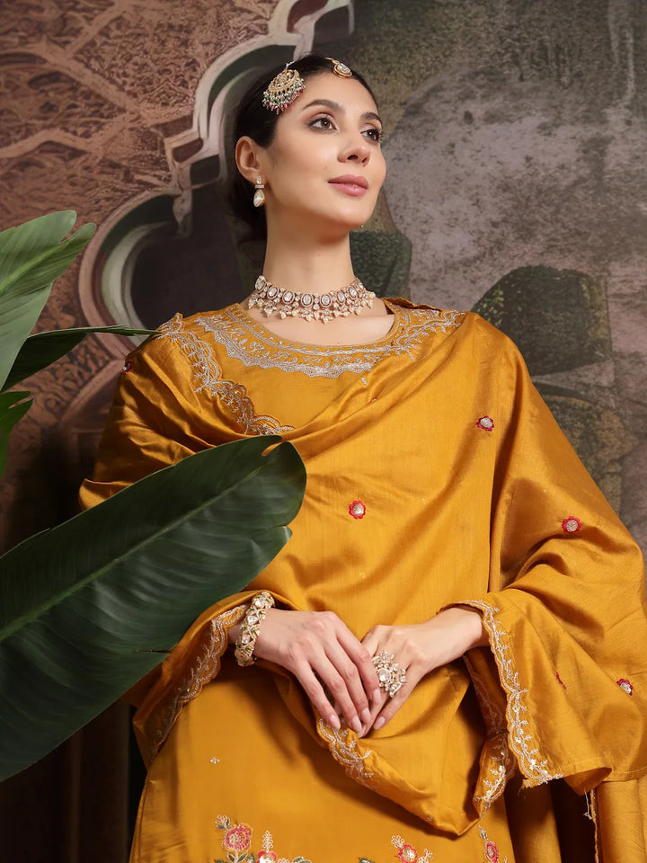 Yellow Silk Blend Embroidered Straight Kurta Dupatta Palazzo Set