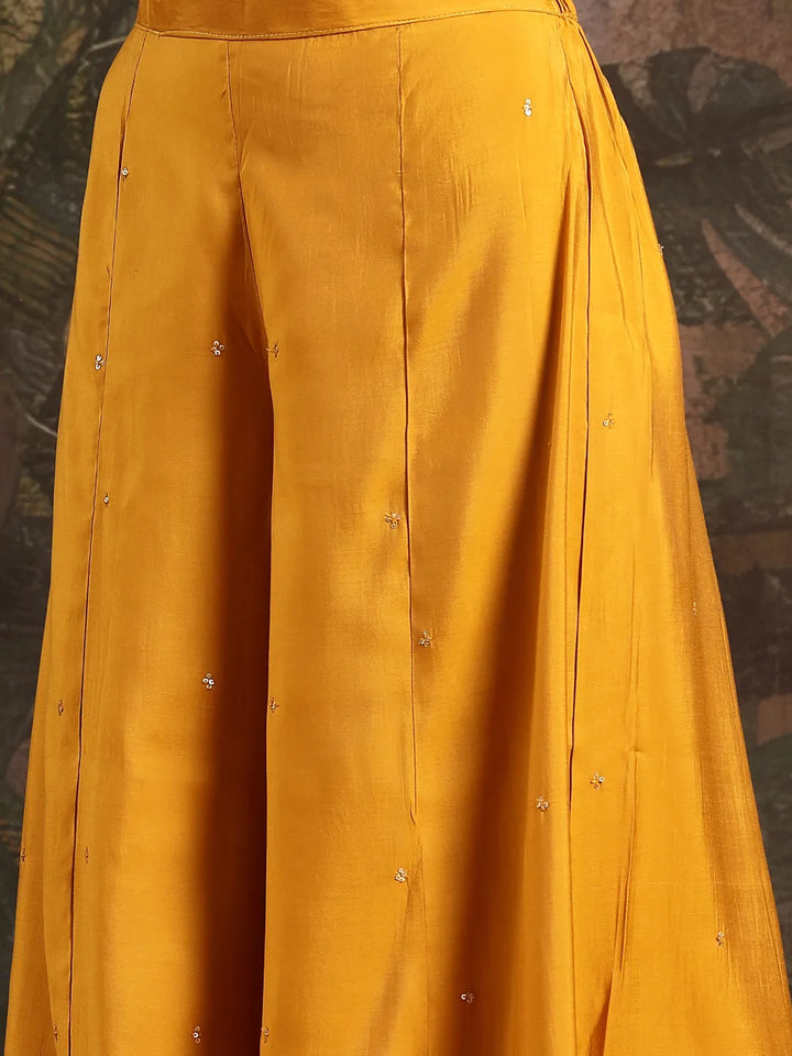 Yellow Silk Blend Embroidered Straight Kurta Dupatta Palazzo Set