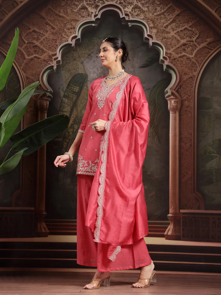 Pink Silk Blend Embroidered Straight Kurta Dupatta Palazzo Set