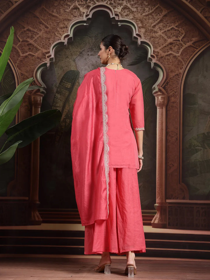 Pink Silk Blend Embroidered Straight Kurta Dupatta Palazzo Set