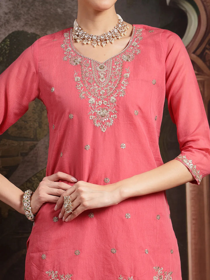 Pink Silk Blend Embroidered Straight Kurta Dupatta Palazzo Set