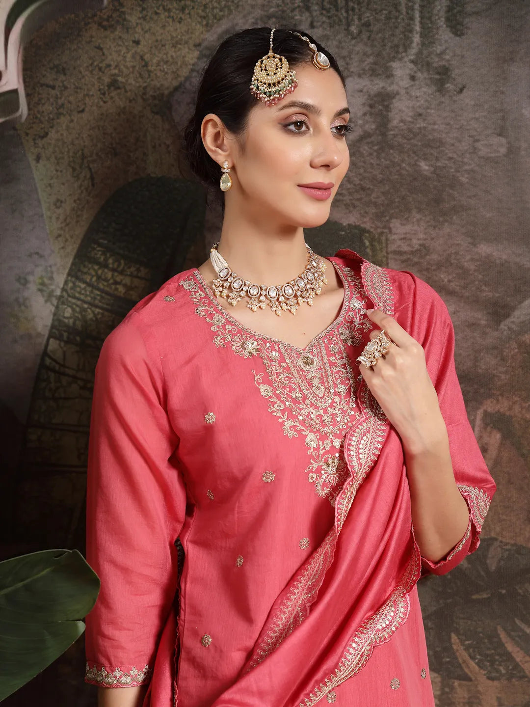 Pink Silk Blend Embroidered Straight Kurta Dupatta Palazzo Set