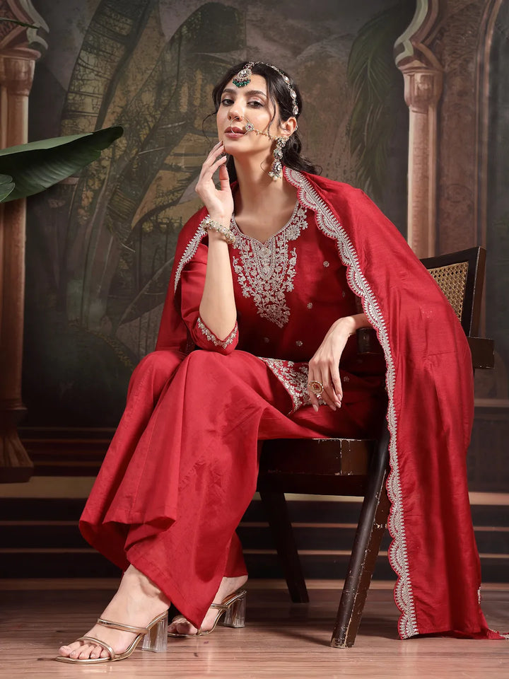 Red Silk Blend Embroidered Straight Kurta Dupatta Palazzo Set