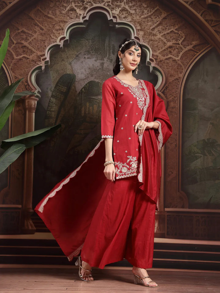 Red Silk Blend Embroidered Straight Kurta Dupatta Palazzo Set