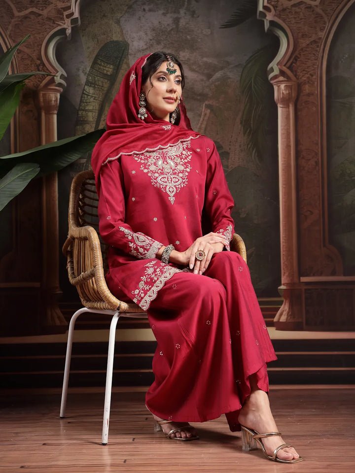 Pink Embroidered Straight Kurta Palazzo Dupatta Set