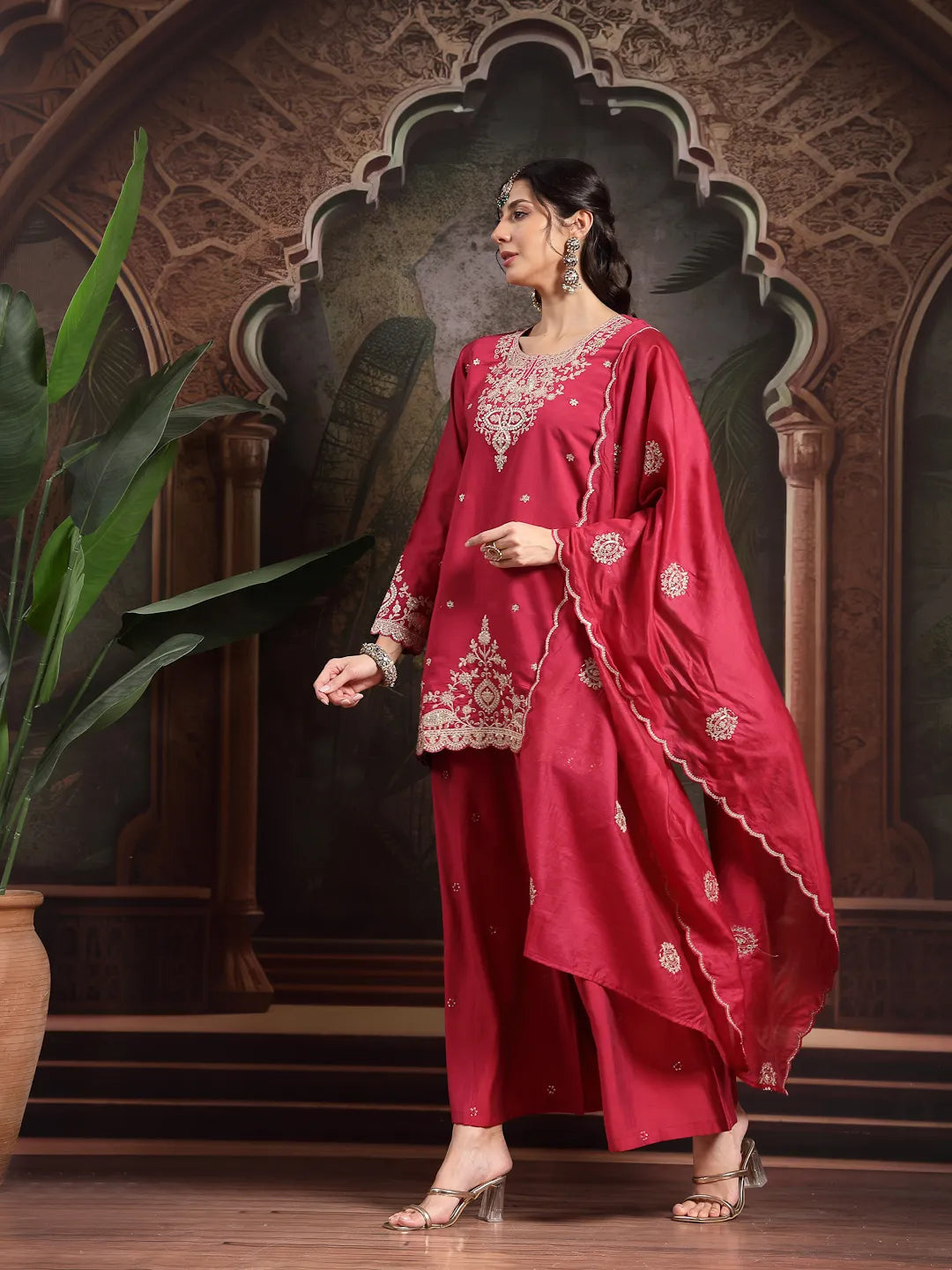 Pink Embroidered Straight Kurta Palazzo Dupatta Set
