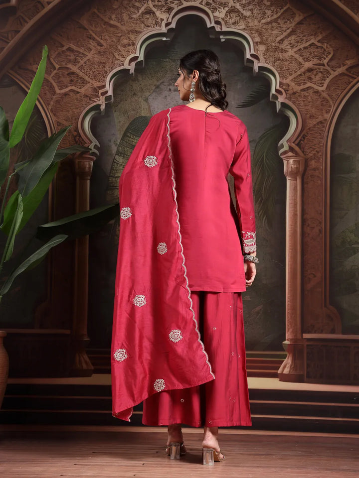 Pink Embroidered Straight Kurta Palazzo Dupatta Set