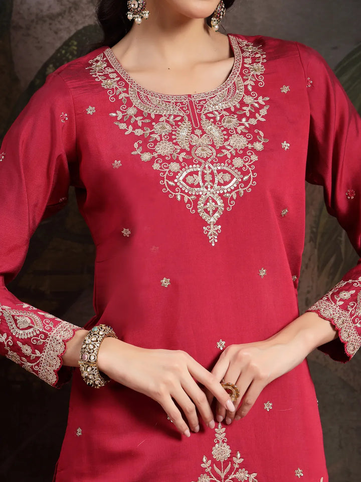 Pink Embroidered Straight Kurta Palazzo Dupatta Set