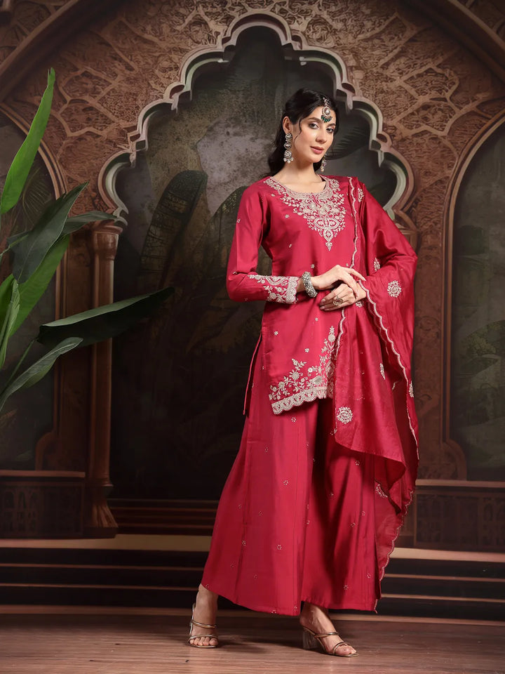 Pink Embroidered Straight Kurta Palazzo Dupatta Set