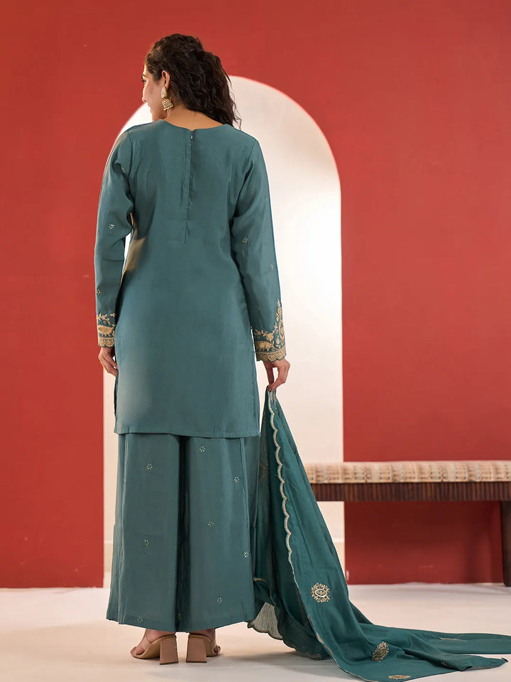 Turquoise Blue Embroidered Straight Kurta Palazzo Dupatta Set