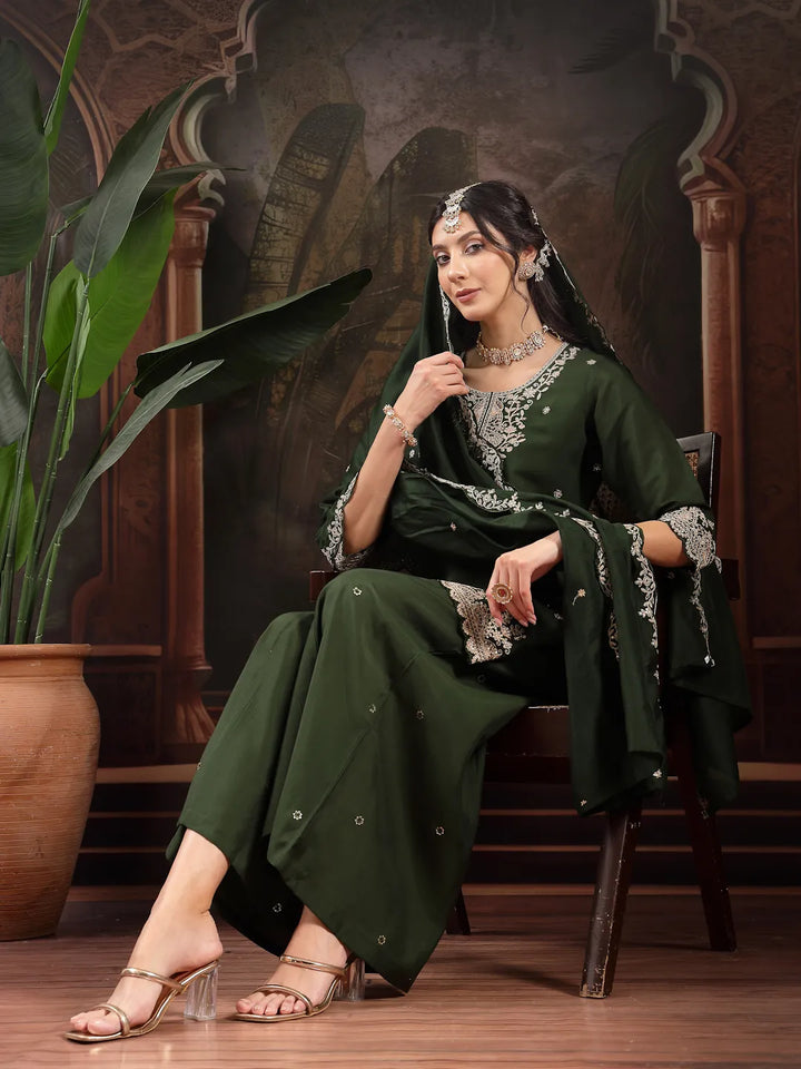 Green Silk Blend Kurta Dupatta Palazzo Set