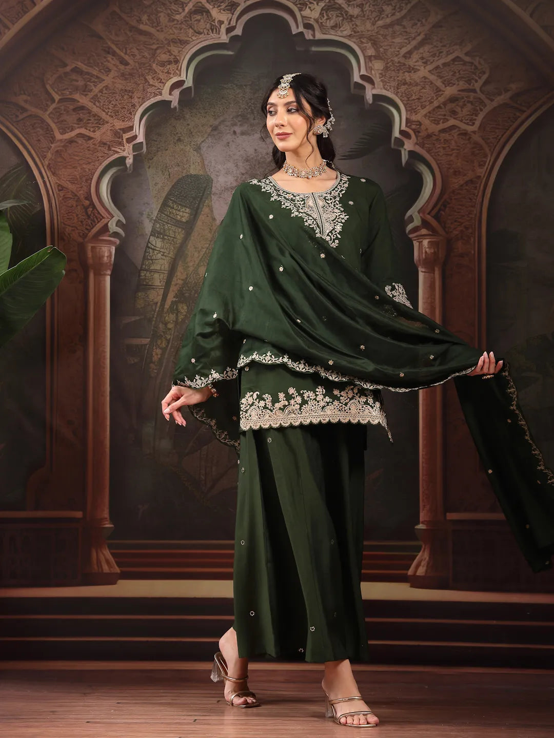 Green Silk Blend Kurta Dupatta Palazzo Set
